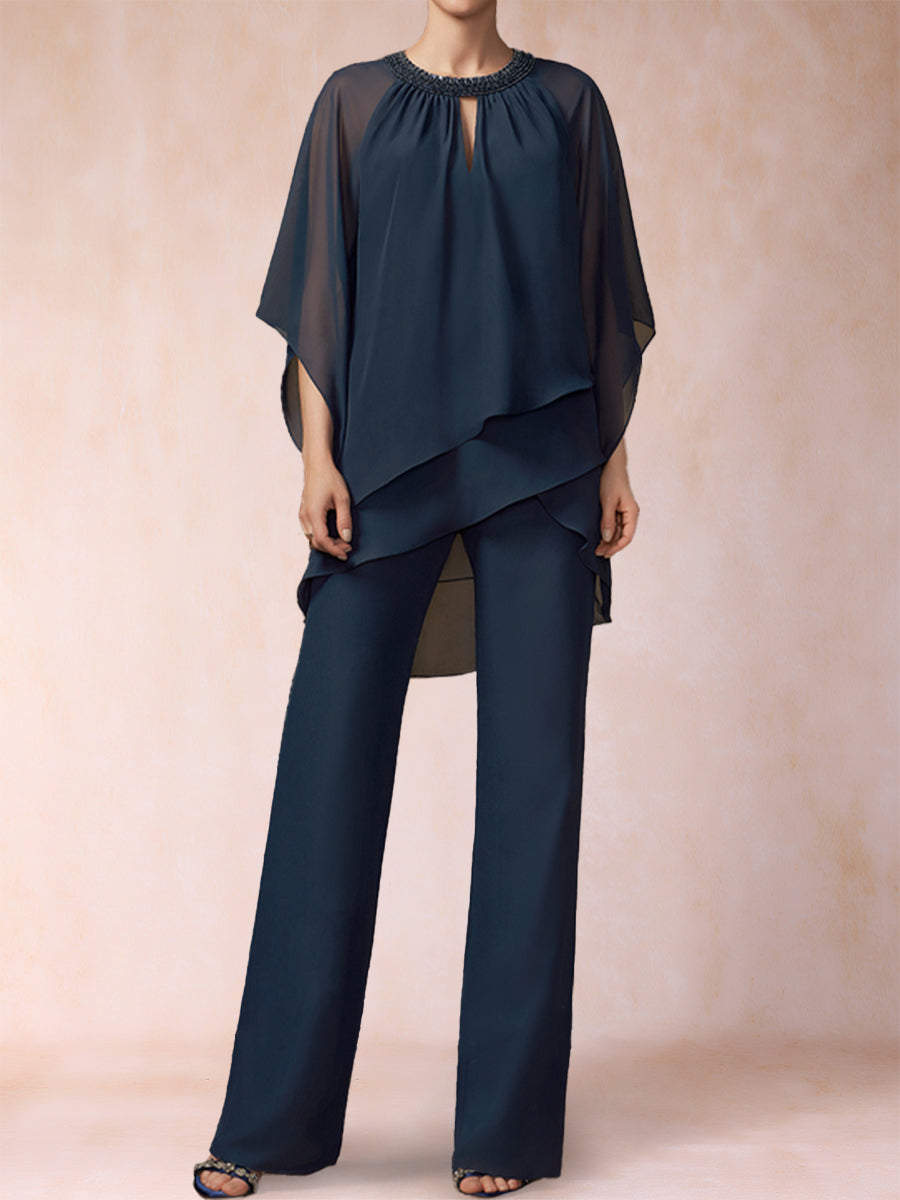 Chiffon-Hosenanzug mit 3/4-Ärmeln und Rundhalsausschnitt, zweiteilig, mit Strasssteinen und Hohlsaum