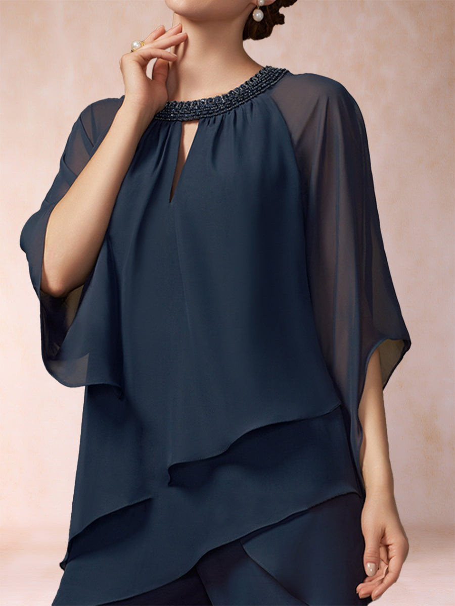 Chiffon-Hosenanzug mit 3/4-Ärmeln und Rundhalsausschnitt, zweiteilig, mit Strasssteinen und Hohlsaum