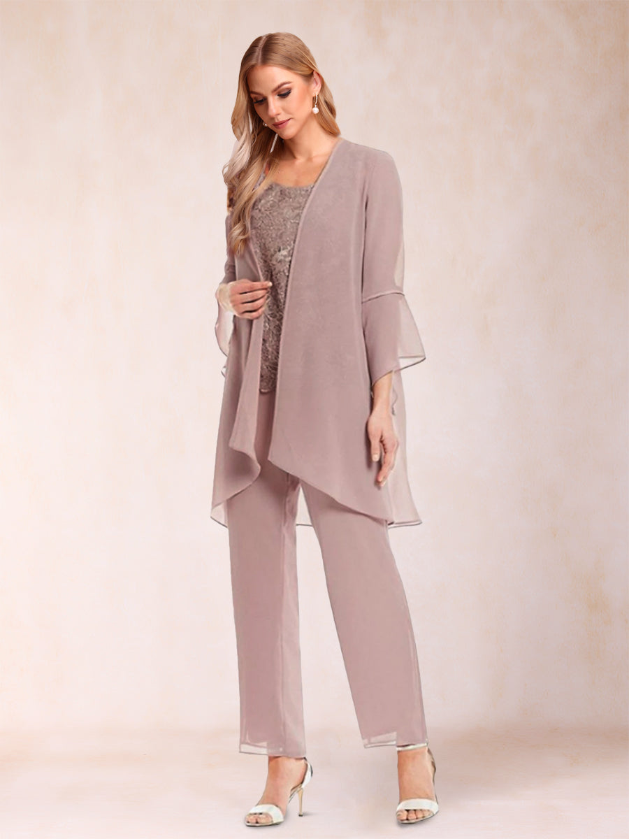 3-teiliger Hosenanzug aus Chiffon mit U-Ausschnitt und langen Ärmeln, Applikationen und Jacke