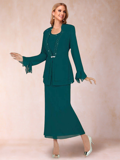 Etui-/Säulenkleid aus Chiffon mit U-Ausschnitt und langen Ärmeln, 2-teilig mit Strasssteinen und Jacke