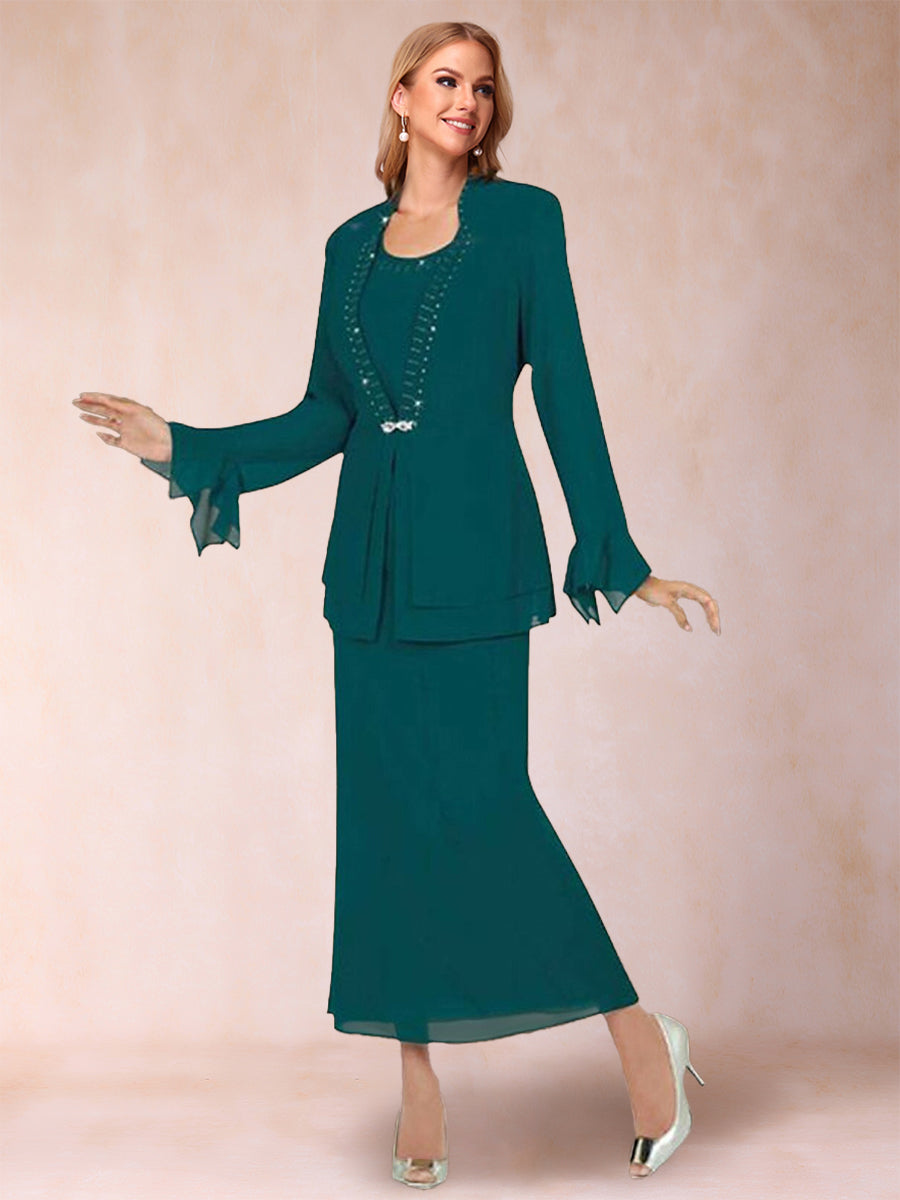 Etui-/Säulenkleid aus Chiffon mit U-Ausschnitt und langen Ärmeln, 2-teilig mit Strasssteinen und Jacke