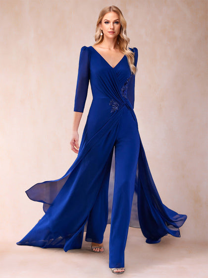 Chiffon V-Ausschnitt 3/4 Ärmel 2 Stück Hosenanzüge mit Applikation