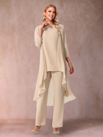 Chiffon-Hosenanzug mit 3/4-Ärmeln, Rüschen und Jacke