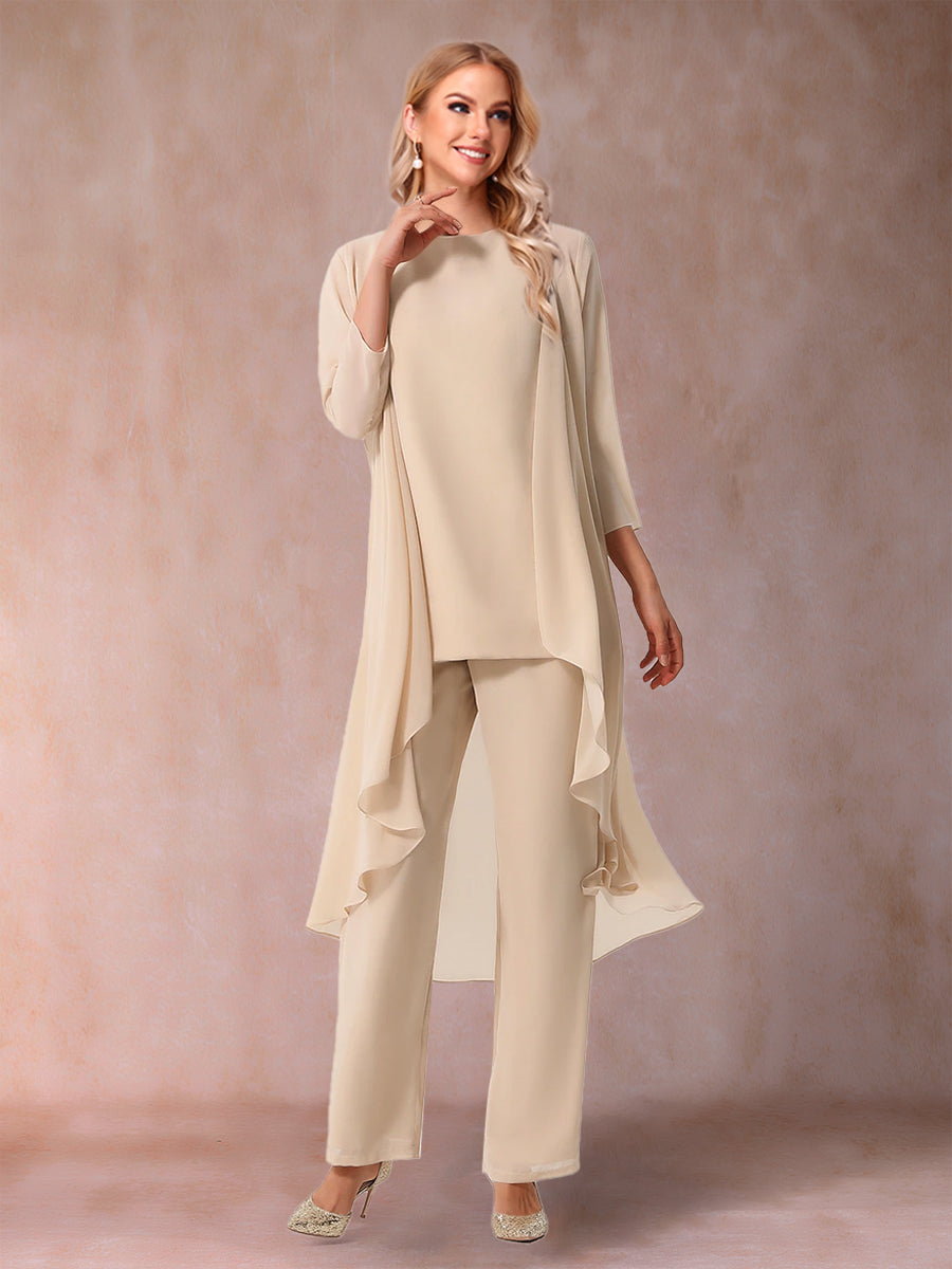 Chiffon-Hosenanzug mit 3/4-Ärmeln, Rüschen und Jacke