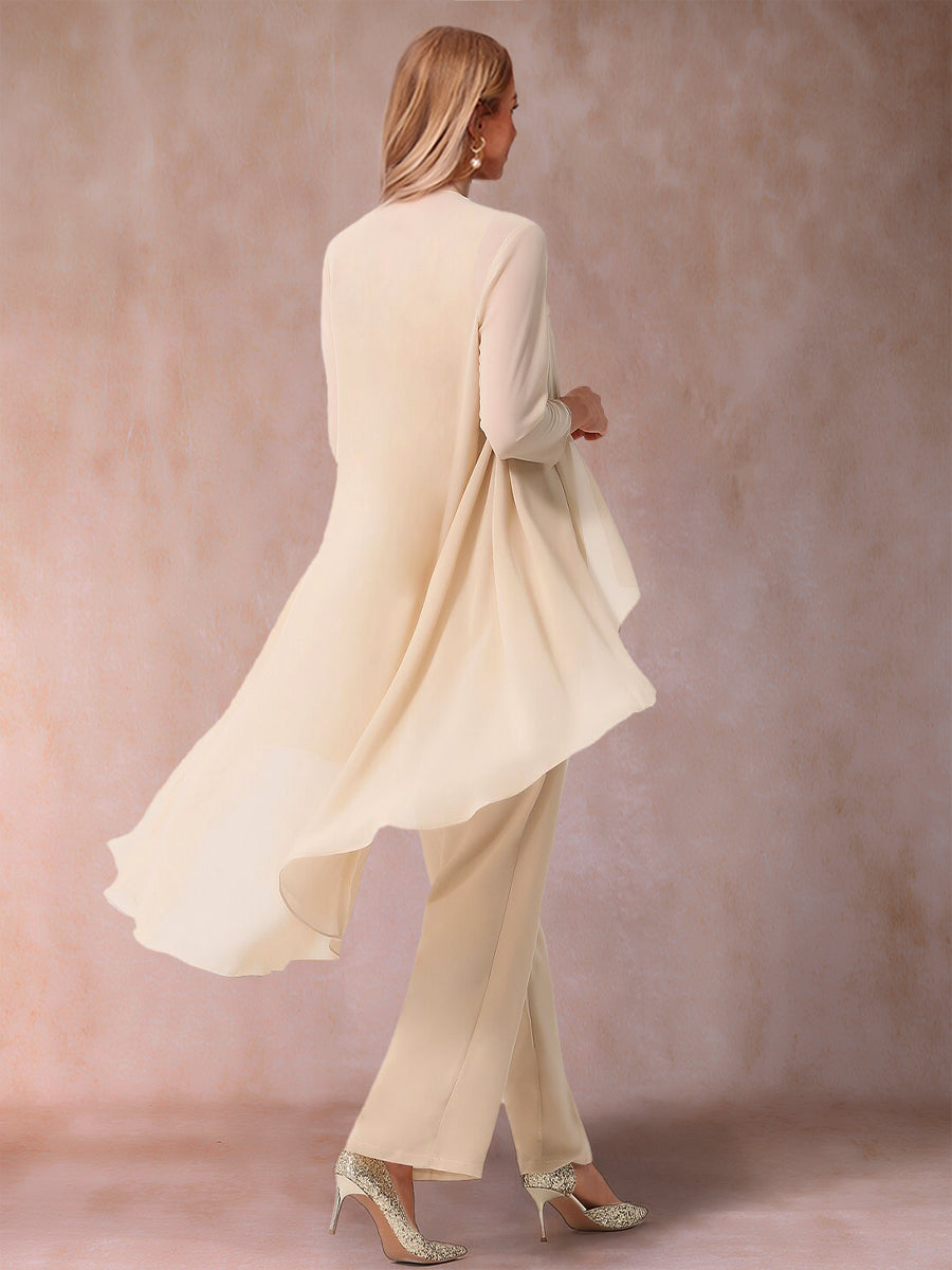 Chiffon-Hosenanzug mit 3/4-Ärmeln, Rüschen und Jacke