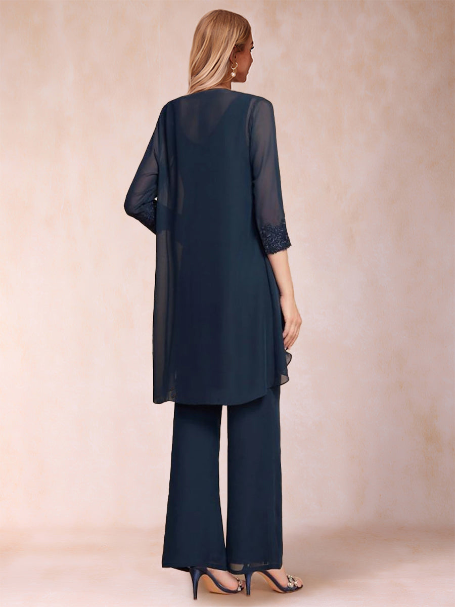 Chiffon-Hosenanzug mit U-Ausschnitt, 3/4-Ärmeln, Applikationen und Jacke