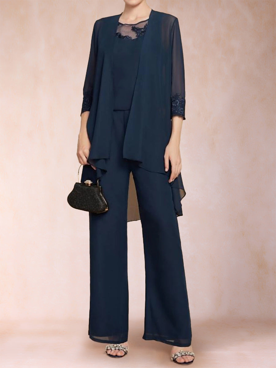 Chiffon-Hosenanzug mit U-Ausschnitt, 3/4-Ärmeln, Applikationen und Jacke