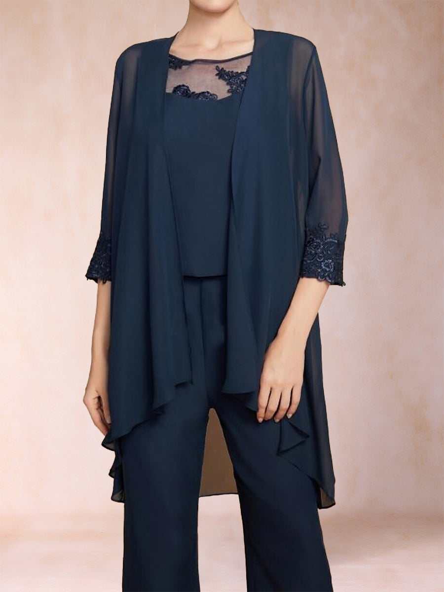 Chiffon-Hosenanzug mit U-Ausschnitt, 3/4-Ärmeln, Applikationen und Jacke