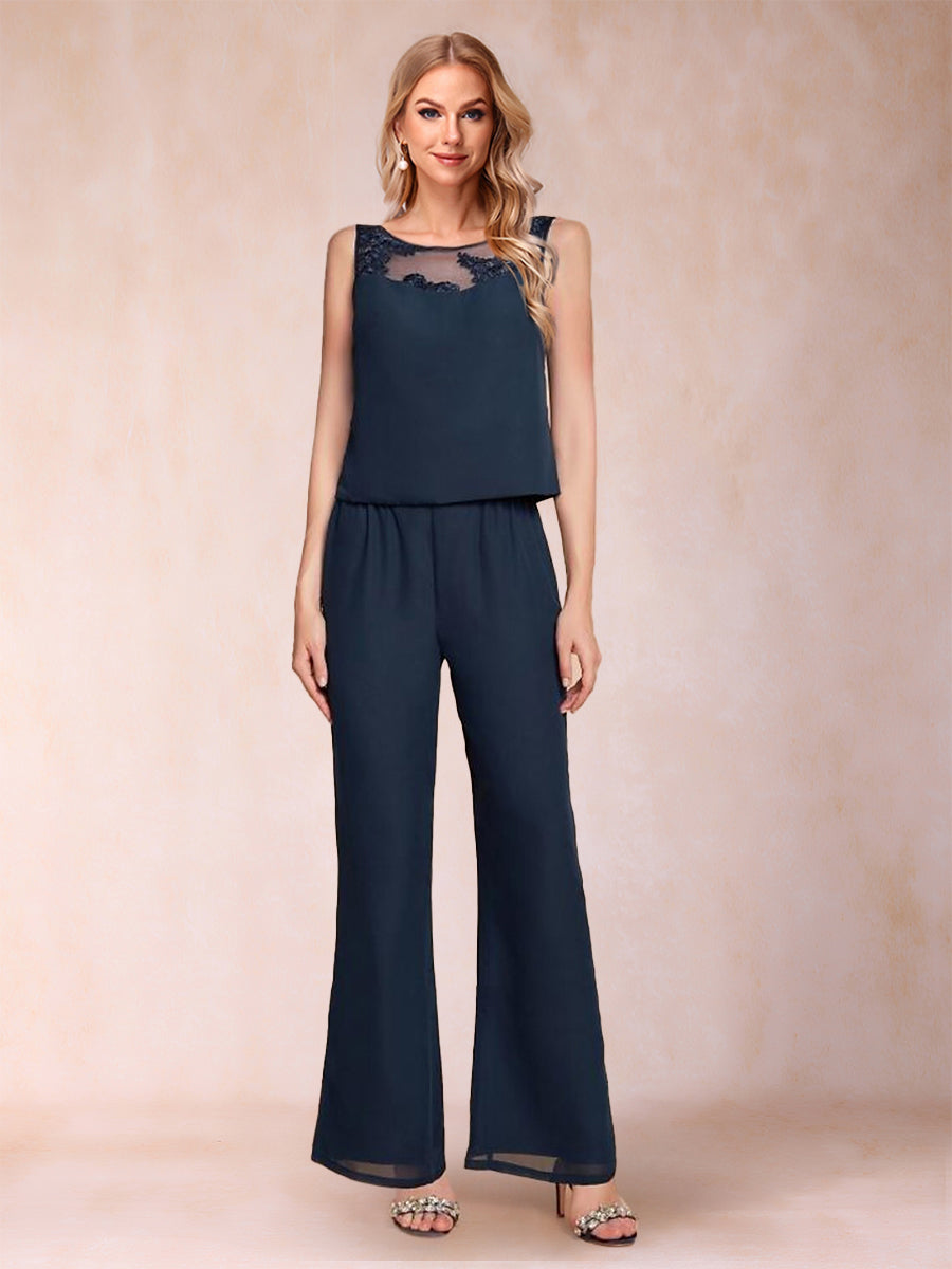 Chiffon-Hosenanzug mit U-Ausschnitt, 3/4-Ärmeln, Applikationen und Jacke