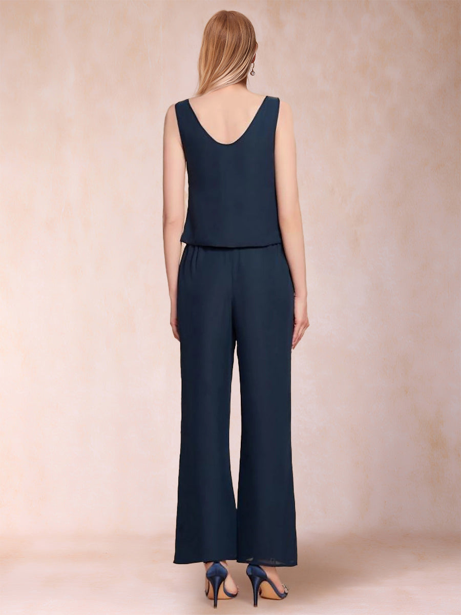 Chiffon-Hosenanzug mit U-Ausschnitt, 3/4-Ärmeln, Applikationen und Jacke