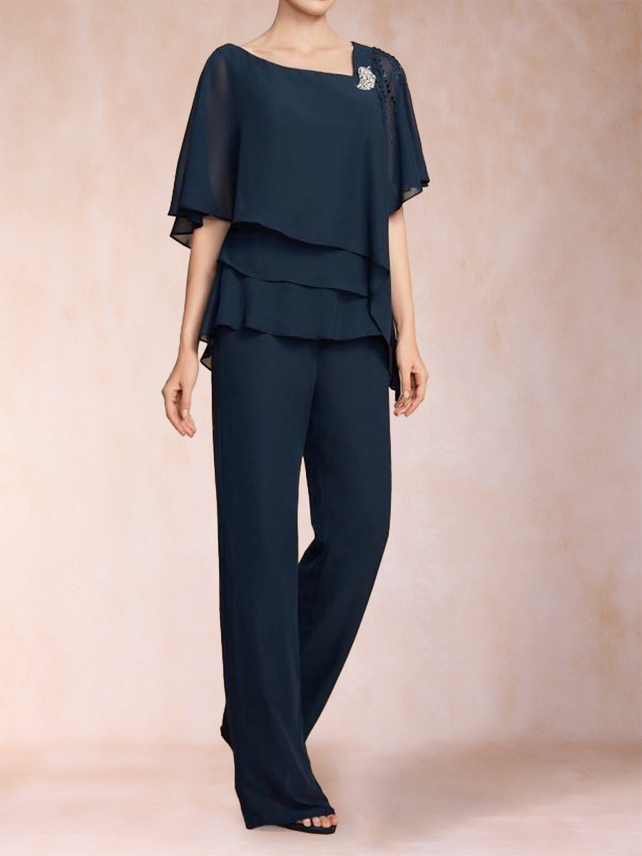 Chiffon V-Ausschnitt Halbarm 2 Teilig Hosenanzug mit Strass