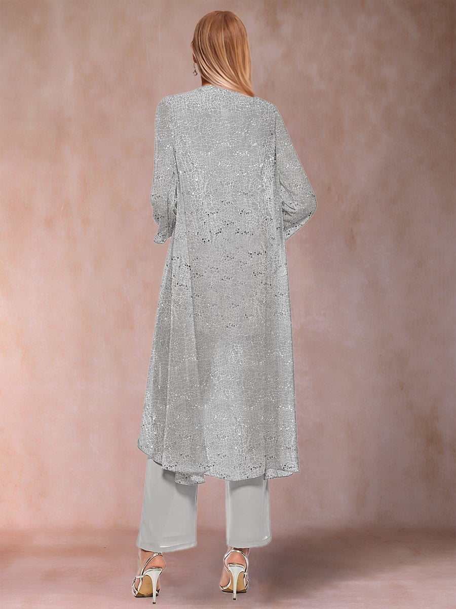 3-teiliger Hosenanzug aus Chiffon mit U-Ausschnitt und langen Ärmeln, Pailletten und Jacke