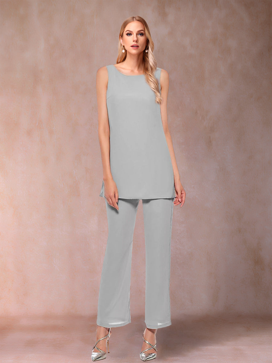 3-teiliger Hosenanzug aus Chiffon mit U-Ausschnitt und langen Ärmeln, Pailletten und Jacke