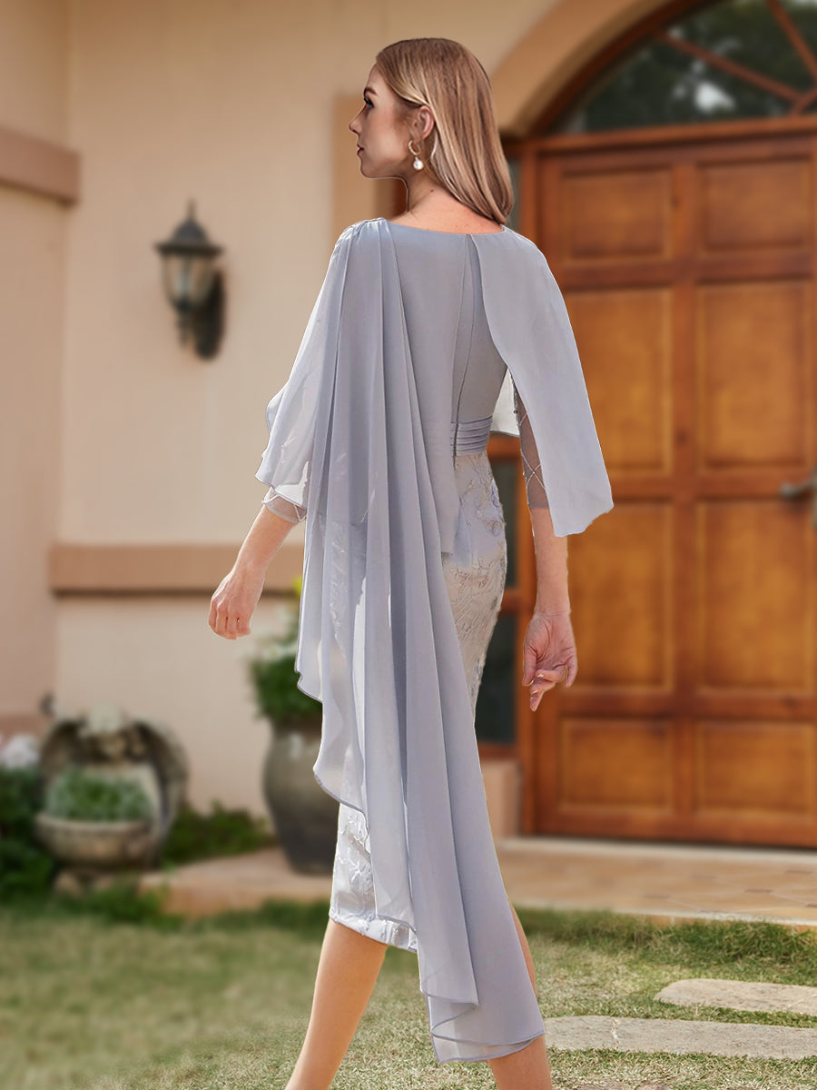 A-Linie/Princess-Linie Chiffon U-Ausschnitt Halbarm Kleider für die Brautmutter mit Watteau-Schleppe