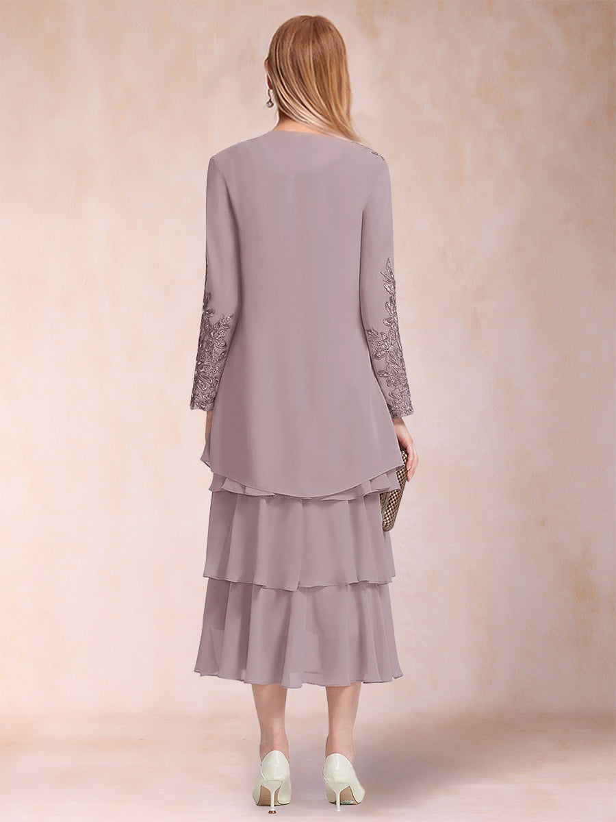 A-Linie/Prinzessin-Linie, U-Ausschnitt, lange Ärmel, gestuftes 2-teiliges Kleid für die Brautmutter mit Applikationen und Jacke