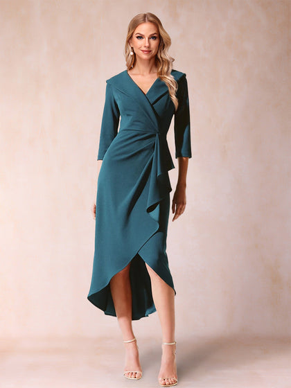 Etui-Linie/Säulenkleid mit V-Ausschnitt und halblangen Ärmeln, Kleider für die Brautmutter mit Rüschen