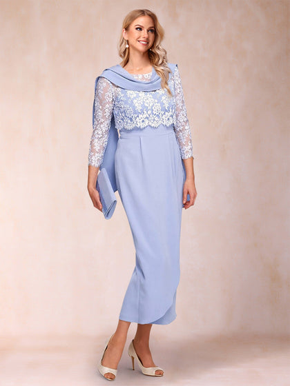 Etui-Linie/Säulen-Linie, U-Ausschnitt, 3/4-Ärmel, Kleider für die Brautmutter mit Applikationen und Schalkragen