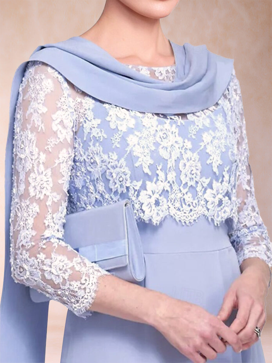 Etui-Linie/Säulen-Linie, U-Ausschnitt, 3/4-Ärmel, Kleider für die Brautmutter mit Applikationen und Schalkragen