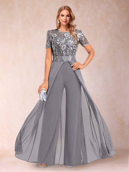 A-Linie/Princess-Linie, U-Ausschnitt, kurze Ärmel, 2-teiliger Hosenanzug mit Applikationen