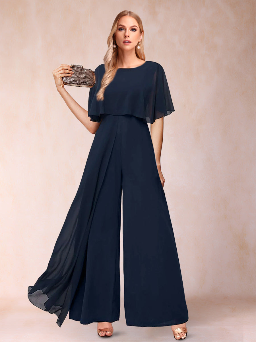 A-Linie/Princess-Linie, U-Ausschnitt, kurze Ärmel, Hosenanzug mit Watteau-Schleppe