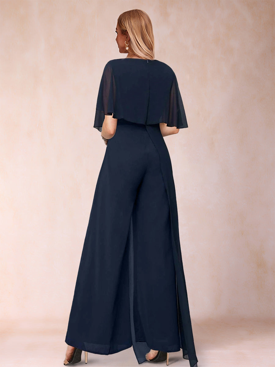 A-Linie/Princess-Linie, U-Ausschnitt, kurze Ärmel, Hosenanzug mit Watteau-Schleppe