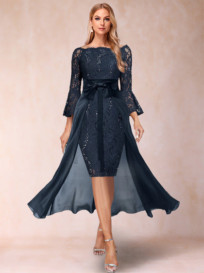 Etui-Linie/Säule schulterfrei 3/4 Ärmel 2-teilig Brautmutterkleider mit Applikationen