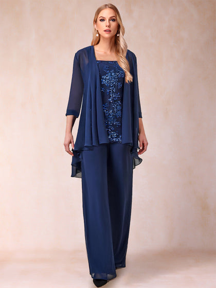 Chiffon-Hosenanzug mit U-Ausschnitt, 3/4-Ärmeln, Applikationen und Jacke