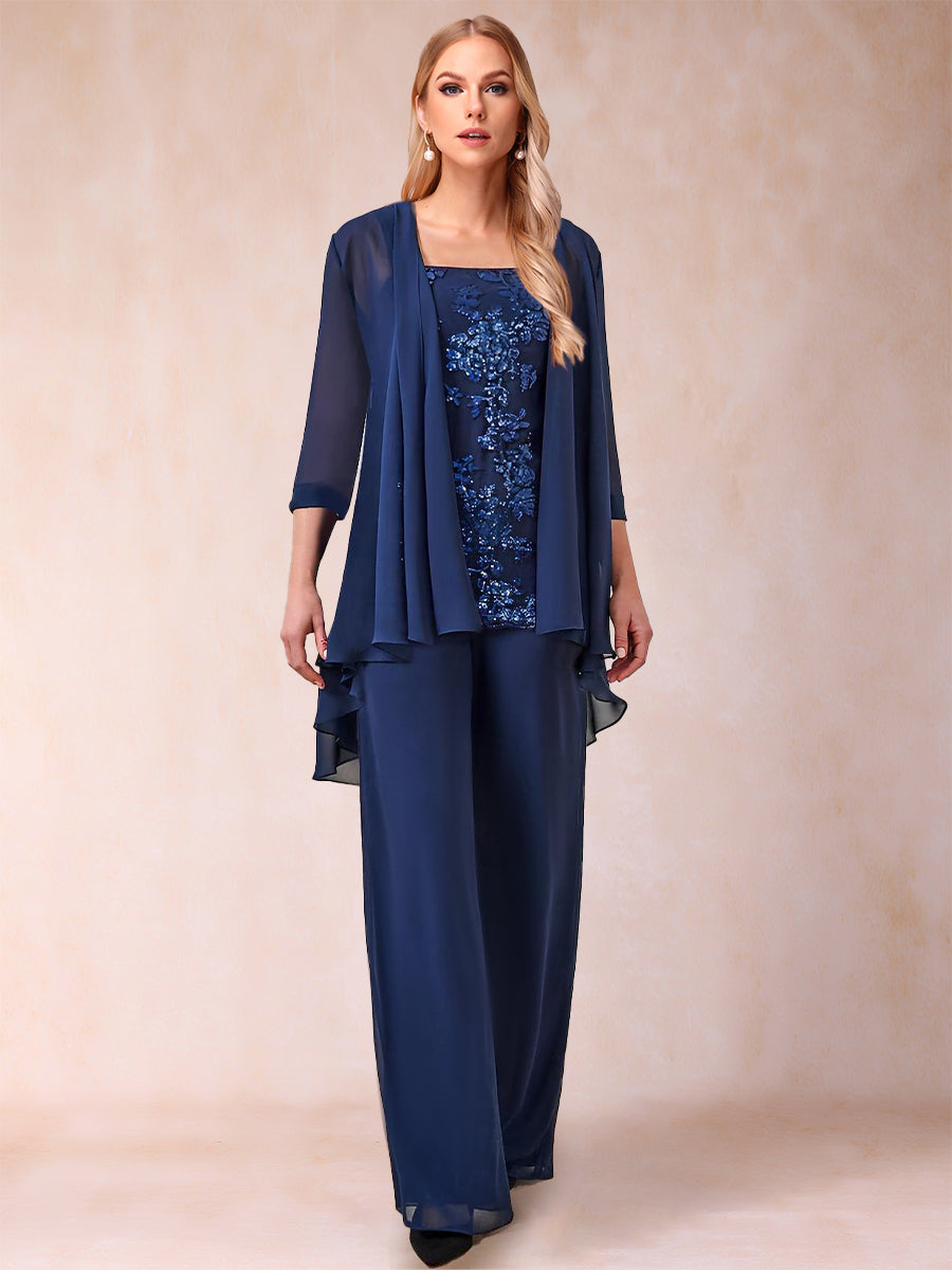 Chiffon-Hosenanzug mit U-Ausschnitt, 3/4-Ärmeln, Applikationen und Jacke