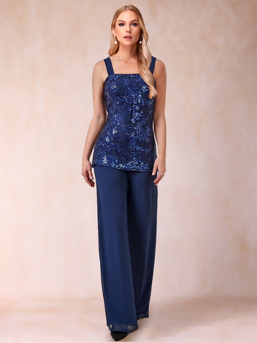 Chiffon-Hosenanzug mit U-Ausschnitt, 3/4-Ärmeln, Applikationen und Jacke