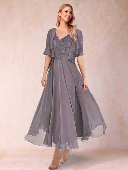 A-Linie/Prinzessin V-Ausschnitt Kurze Ärmel 2-teiliges Kleid für die Brautmutter mit Applikation und Jacke