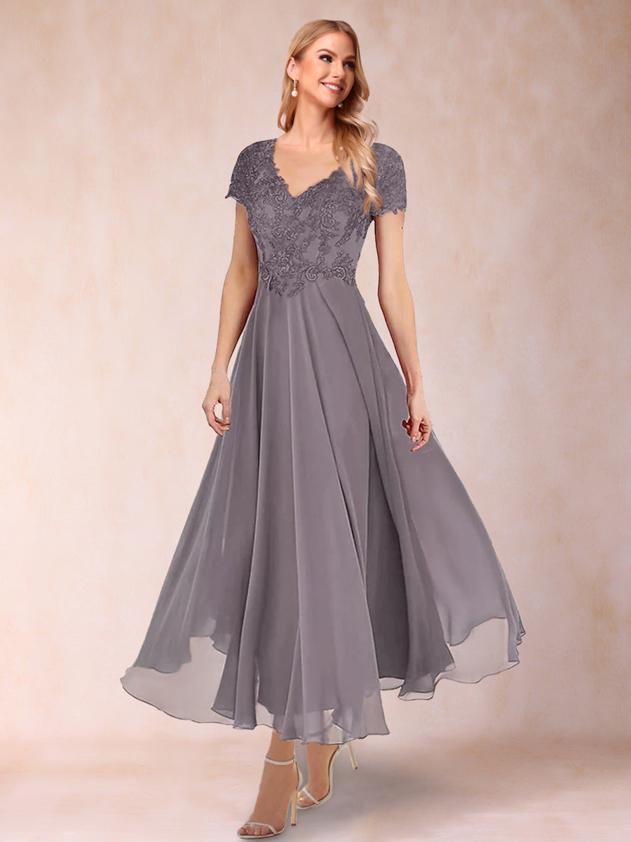 A-Linie/Prinzessin V-Ausschnitt Kurze Ärmel 2-teiliges Kleid für die Brautmutter mit Applikation und Jacke