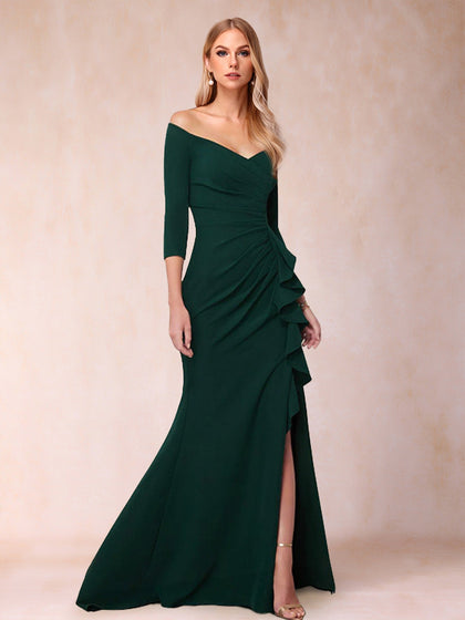 Etui-Linie/Säule schulterfrei 3/4 Ärmel Brautmutterkleider mit Rüschen