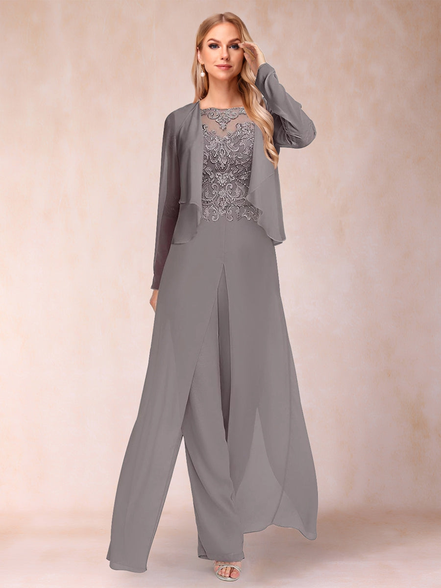 Etui-/Säulen-Kleid, U-Ausschnitt, lange Ärmel, 2-teiliger Hosenanzug mit Applikationen und Jacke