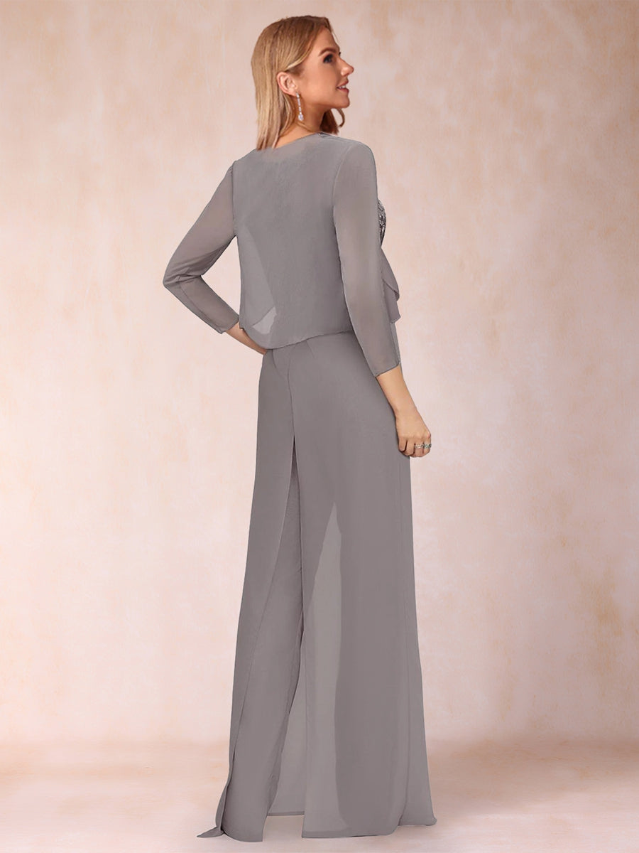 Etui-/Säulen-Kleid, U-Ausschnitt, lange Ärmel, 2-teiliger Hosenanzug mit Applikationen und Jacke