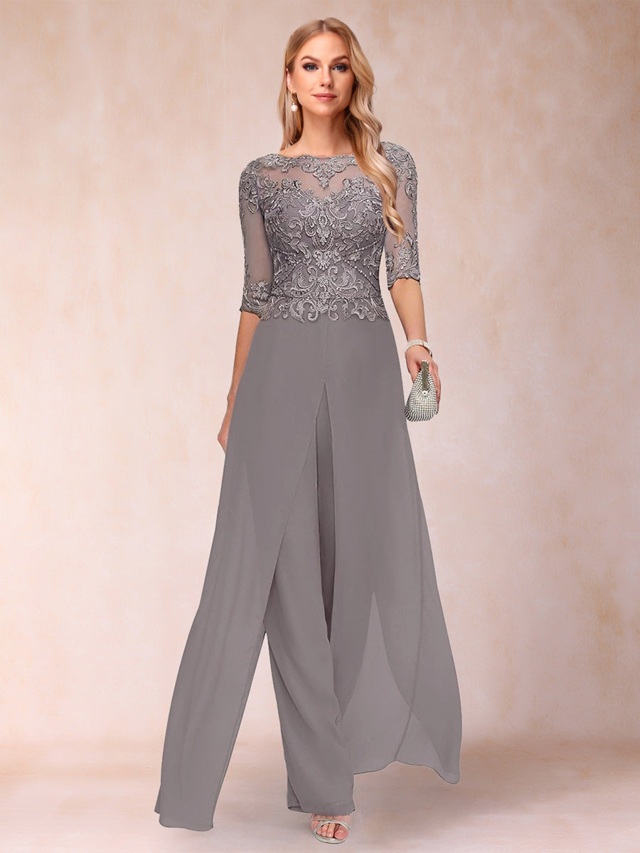 Etui-/Säulen-Kleid, U-Ausschnitt, lange Ärmel, 2-teiliger Hosenanzug mit Applikationen und Jacke