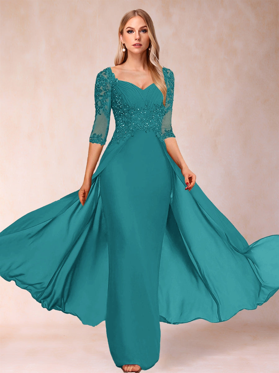 Etui-Linie/Säulenkleid mit V-Ausschnitt und halblangen Ärmeln, Kleider für die Brautmutter mit Applikationen