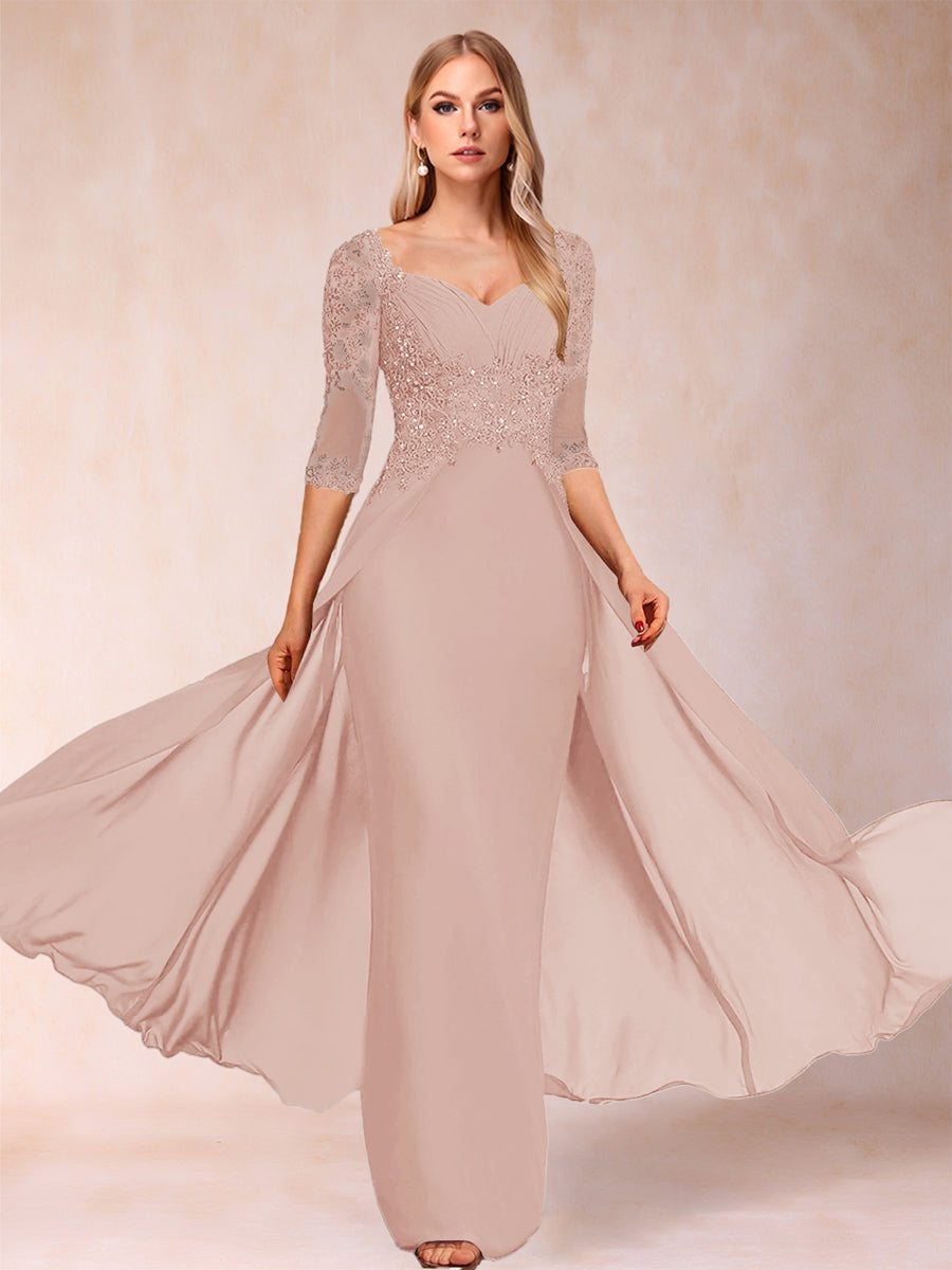 Etui-Linie/Säulenkleid mit V-Ausschnitt und halblangen Ärmeln, Kleider für die Brautmutter mit Applikationen