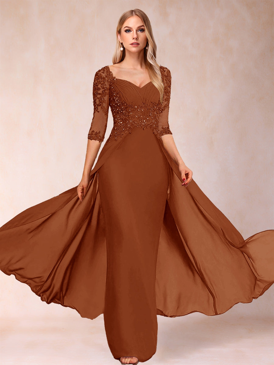 Etui-Linie/Säulenkleid mit V-Ausschnitt und halblangen Ärmeln, Kleider für die Brautmutter mit Applikationen