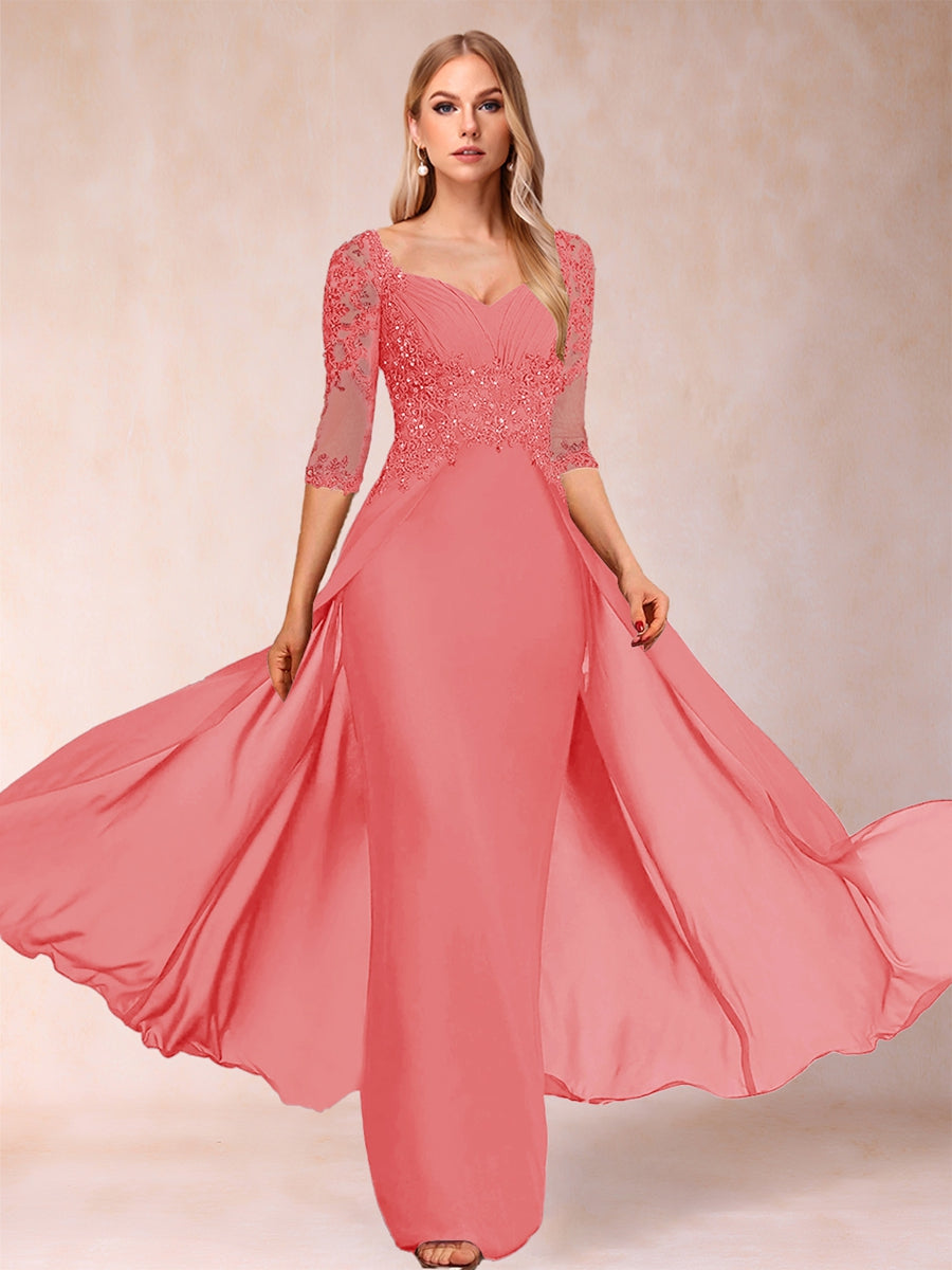 Etui-Linie/Säulenkleid mit V-Ausschnitt und halblangen Ärmeln, Kleider für die Brautmutter mit Applikationen