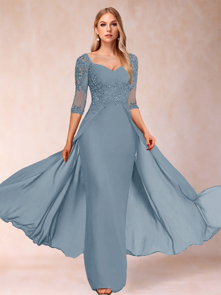 Etui-Linie/Säulenkleid mit V-Ausschnitt und halblangen Ärmeln, Kleider für die Brautmutter mit Applikationen