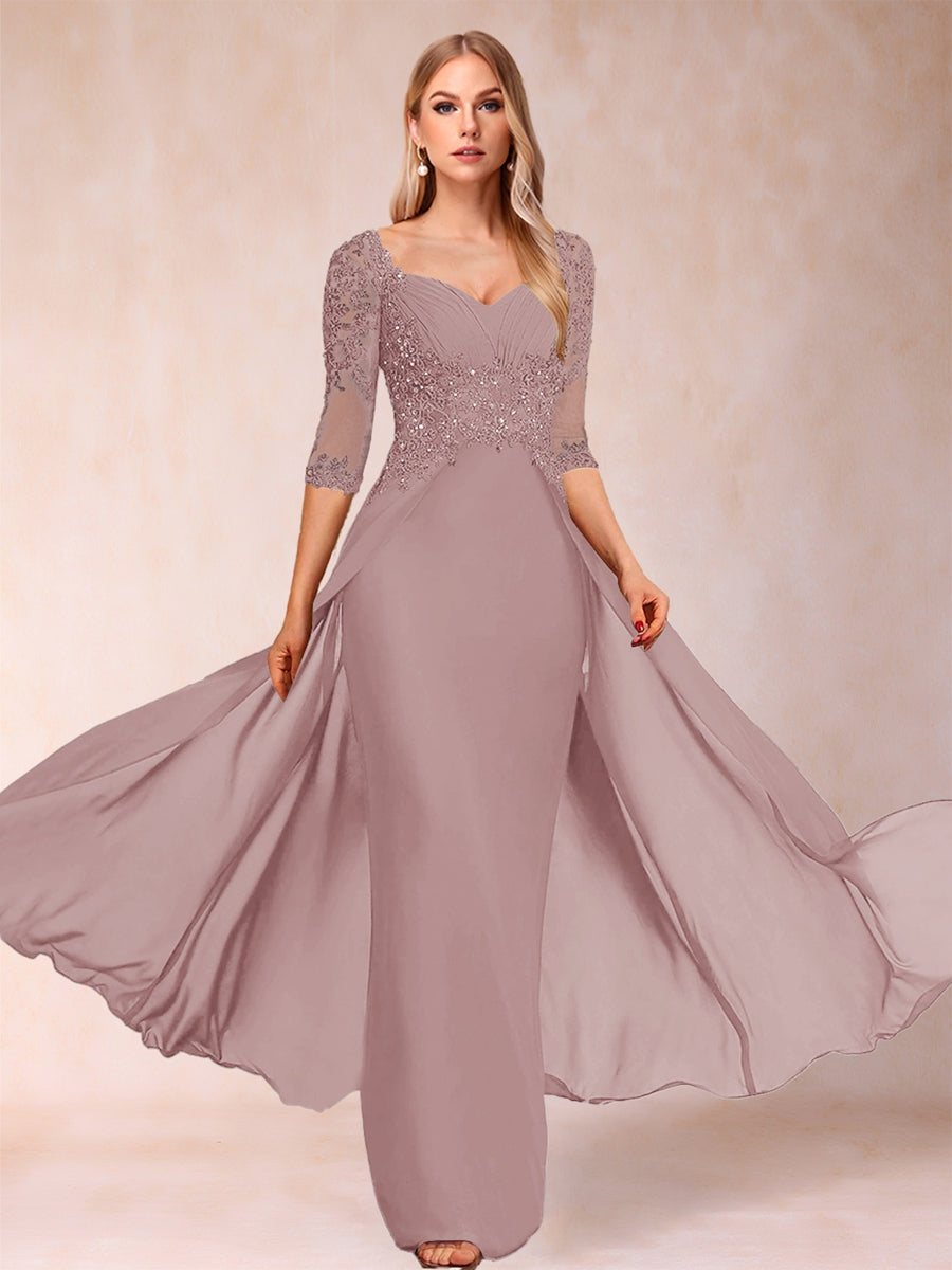 Etui-Linie/Säulenkleid mit V-Ausschnitt und halblangen Ärmeln, Kleider für die Brautmutter mit Applikationen