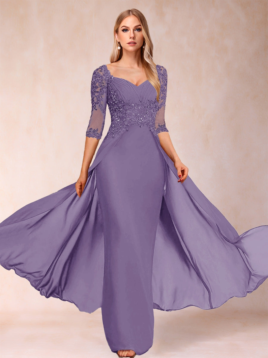 Etui-Linie/Säulenkleid mit V-Ausschnitt und halblangen Ärmeln, Kleider für die Brautmutter mit Applikationen