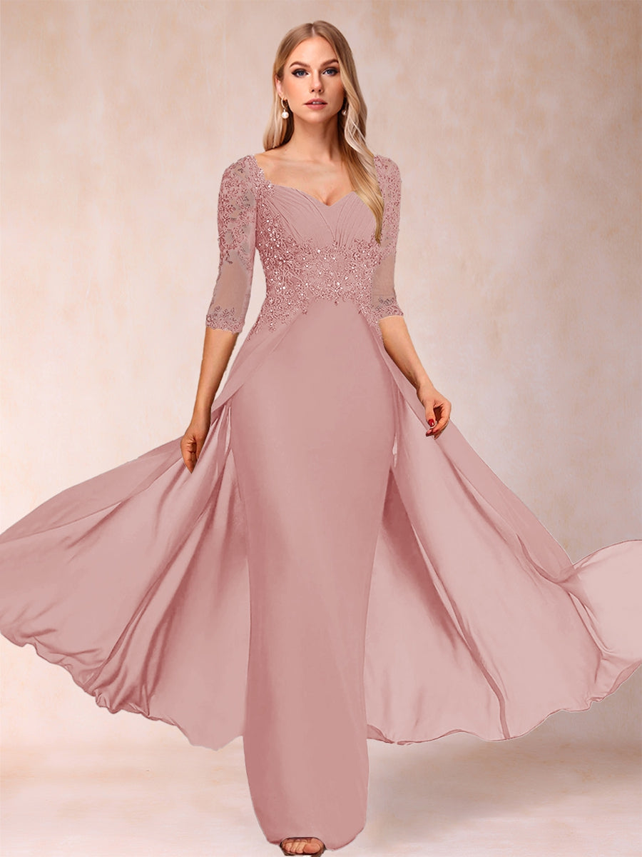 Etui-Linie/Säulenkleid mit V-Ausschnitt und halblangen Ärmeln, Kleider für die Brautmutter mit Applikationen