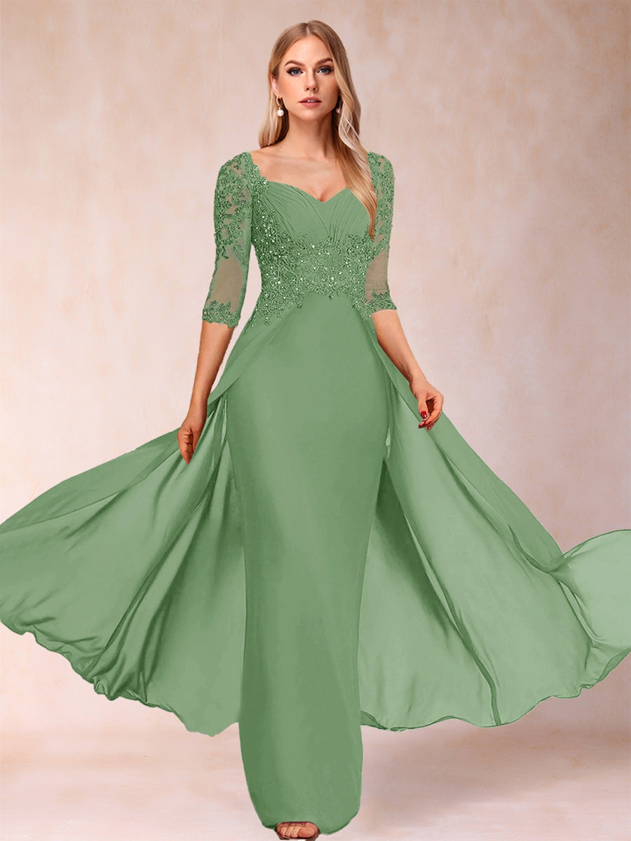 Etui-Linie/Säulenkleid mit V-Ausschnitt und halblangen Ärmeln, Kleider für die Brautmutter mit Applikationen