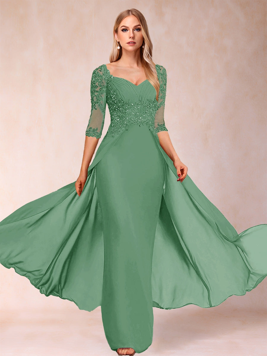 Etui-Linie/Säulenkleid mit V-Ausschnitt und halblangen Ärmeln, Kleider für die Brautmutter mit Applikationen