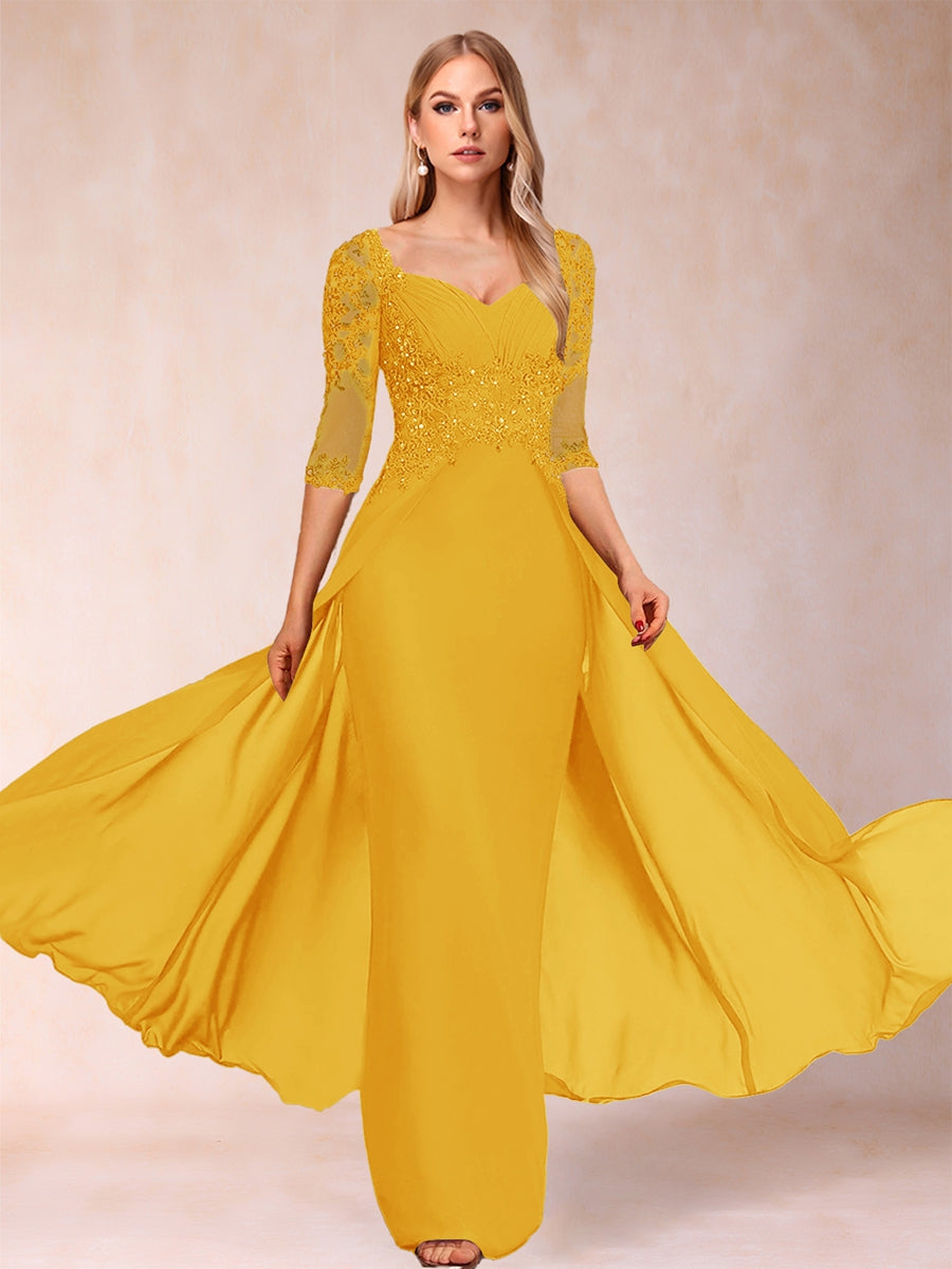 Etui-Linie/Säulenkleid mit V-Ausschnitt und halblangen Ärmeln, Kleider für die Brautmutter mit Applikationen