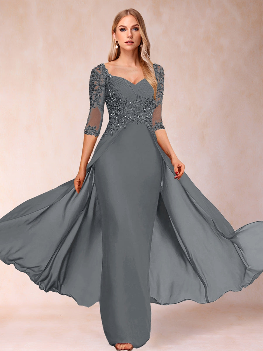 Etui-Linie/Säulenkleid mit V-Ausschnitt und halblangen Ärmeln, Kleider für die Brautmutter mit Applikationen