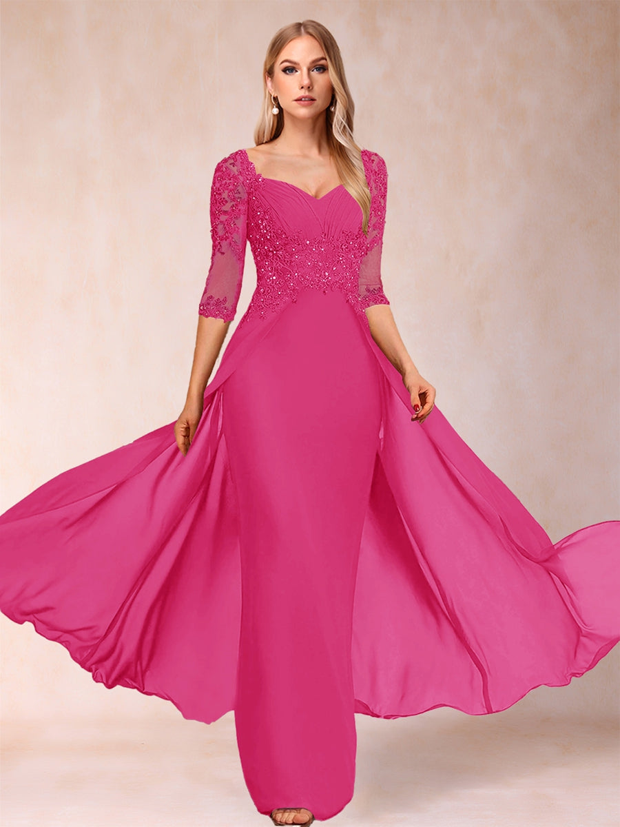 Etui-Linie/Säulenkleid mit V-Ausschnitt und halblangen Ärmeln, Kleider für die Brautmutter mit Applikationen