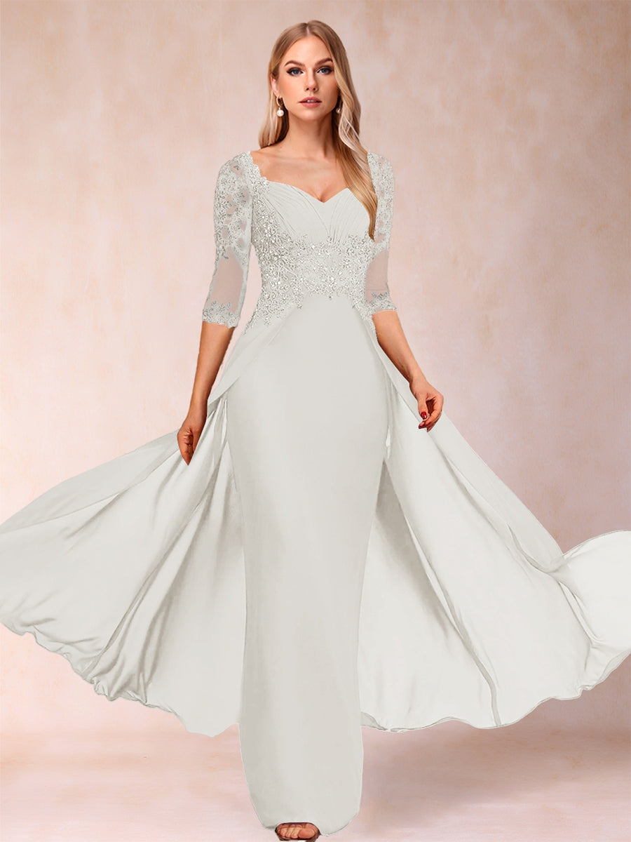 Etui-Linie/Säulenkleid mit V-Ausschnitt und halblangen Ärmeln, Kleider für die Brautmutter mit Applikationen