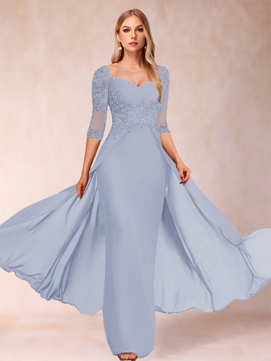 Etui-Linie/Säulenkleid mit V-Ausschnitt und halblangen Ärmeln, Kleider für die Brautmutter mit Applikationen